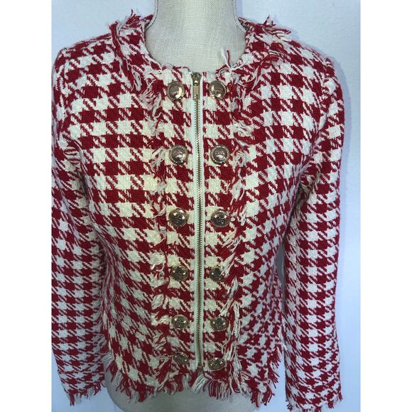 Walter Baker Red and White Picnic Tweed Houndstooth Fringe Jacket -S - Picture 3 of 6